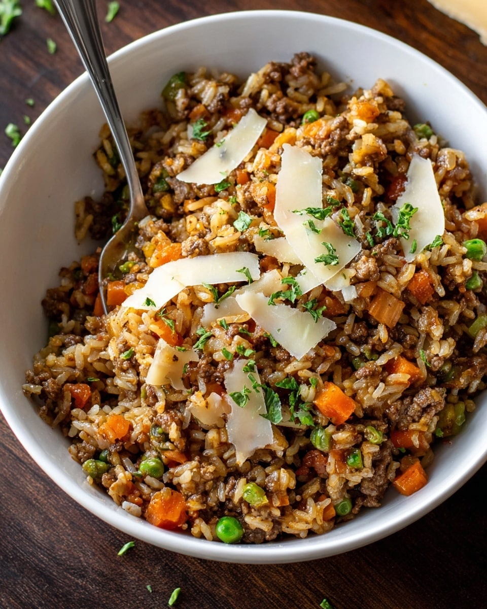 A white bowl filled with a mixed dish of cooked rice, ground beef, diced orange carrots, green peas, and bits of cooked onions, all combined and slightly glossy with sauce. The dish is topped with thin shavings of pale yellow cheese and small fresh green herb pieces scattered on top. A metal spoon is standing inside the bowl, and the bowl is placed on a dark wood surface. Photo taken with an iphone --ar 4:5 --v 7