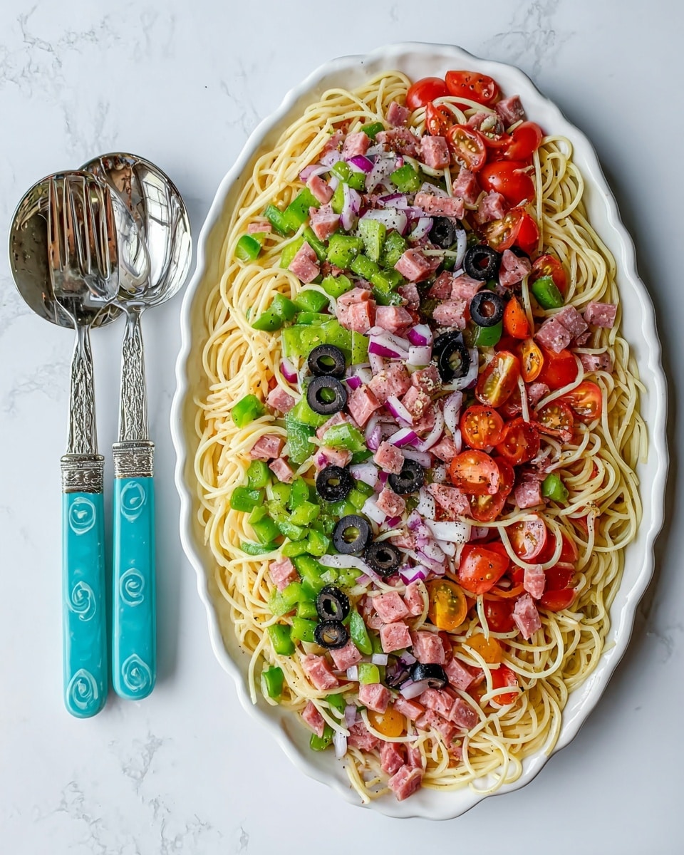 The image shows a white oval plate filled with a colorful pasta salad that has three main layers: the bottom layer of light cream spaghetti noodles, the middle layer of chopped green bell peppers, sliced black olives, diced red onions, halved cherry tomatoes, and small pieces of light pink salami scattered evenly on top, and the whole dish is sprinkled with coarse ground black pepper, adding a textured gray layer. The plate is set on a white marbled surface with a shiny silver serving spoon and fork, both with turquoise handles, placed neatly side by side to the left of the plate. photo taken with an iphone --ar 4:5 --v 7