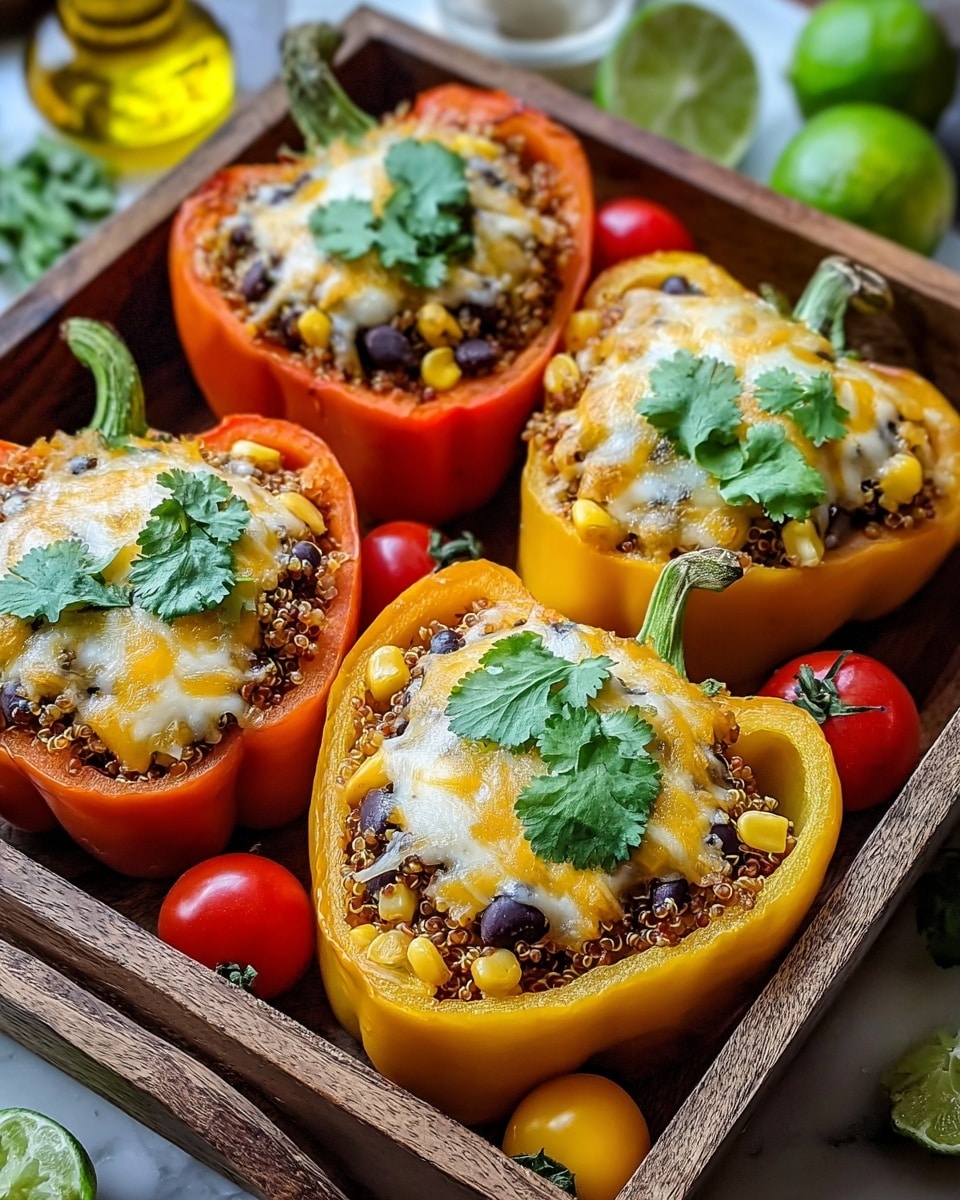 Four heart-shaped bell peppers, three orange and one yellow, are stuffed with a mixture of quinoa, black beans, and corn. Each pepper is topped with a layer of melted yellow and white cheese, sprinkled with fresh green cilantro leaves. The peppers are placed in a wooden tray, with small red and yellow cherry tomatoes scattered around them. The background shows a white marbled texture surface under the tray with some limes and oil bottle blurred in the background. Photo taken with an iphone --ar 4:5 --v 7