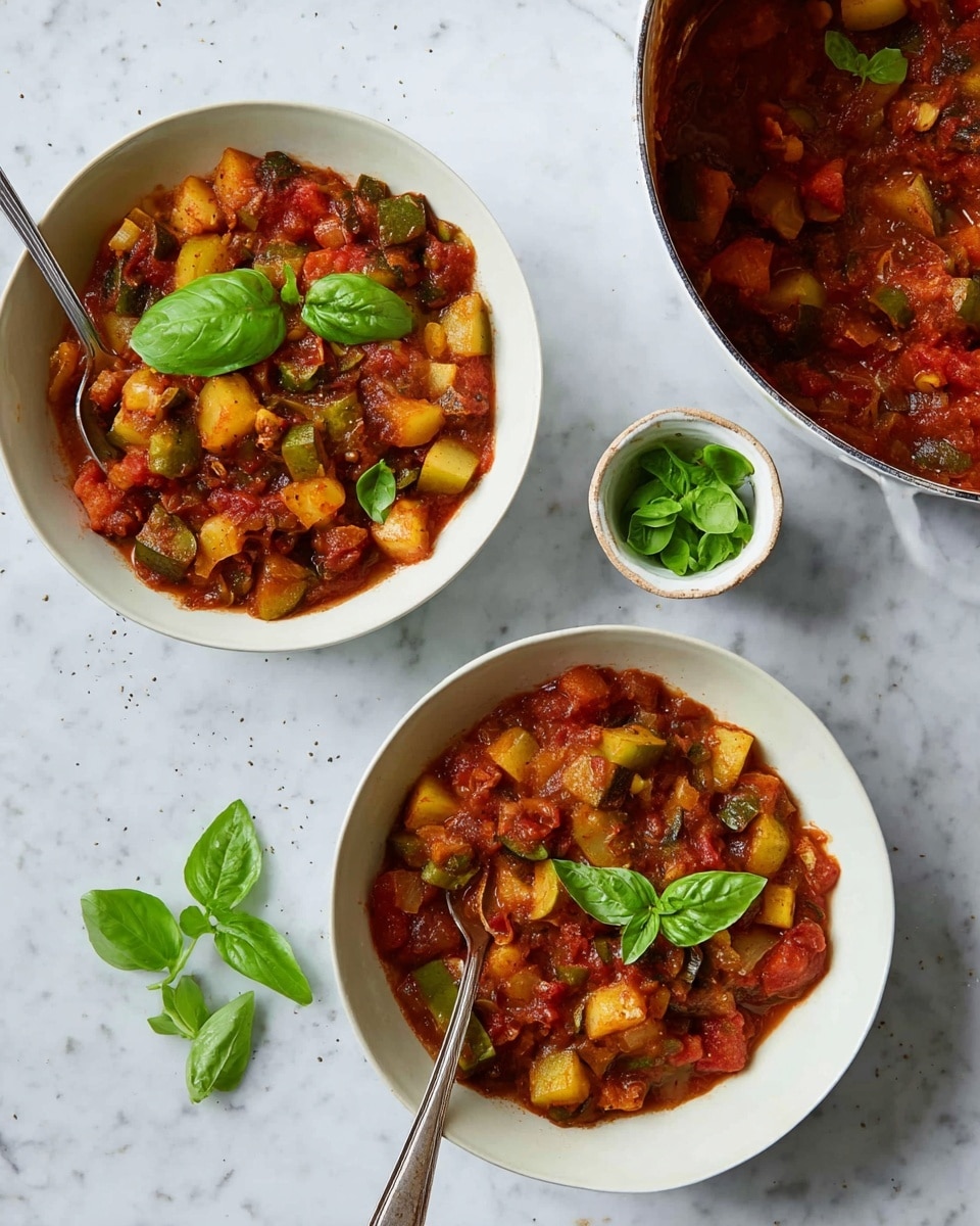 Two white bowls filled with a cooked vegetable stew sit on a white marbled surface. Each bowl contains chunky layers of diced yellow, green, and red vegetables mixed with a thick red tomato sauce. Fresh green basil leaves are placed on top as garnish. One bowl has a silver fork resting inside, while the other has a silver spoon partially submerged. To the right, a white pot with more of the vegetable stew is partially visible. A small white cup with fresh basil leaves and a few loose basil leaves are scattered on the surface nearby. photo taken with an iphone --ar 4:5 --v 7
