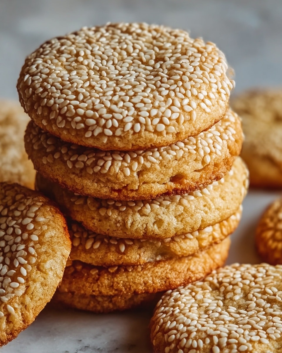 A close-up view of a stack of five round cookies with a light golden-brown color, each cookie topped with a dense layer of white sesame seeds. The cookies have a slightly rough texture with visible crisp edges and soft interiors. Around the stack, several more cookies lie flat, showing the same golden tone and sesame seed topping. All cookies rest on a surface with a soft focus, which is a white marbled texture. photo taken with an iphone --ar 4:5 --v 7