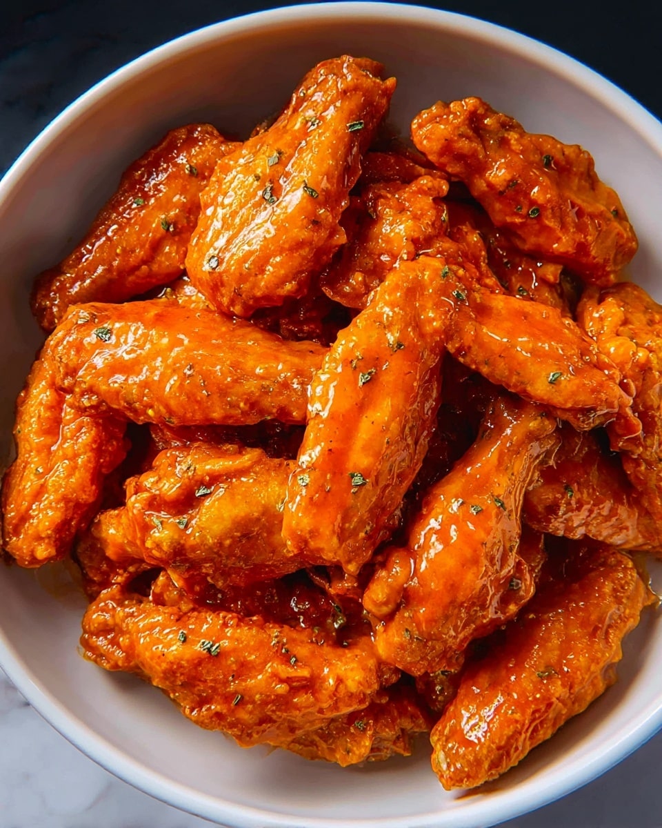 A close-up view of a pile of golden fried chicken wings coated in a shiny, bright orange sauce, placed inside a deep, round white plate. The wings are layered randomly, showing crispy textures beneath the smooth sauce with small green herb sprinkles scattered on top for contrast. The rich gloss on the sauce catches the light, making the wings look juicy and flavorful, all set on a white marbled surface. photo taken with an iphone --ar 4:5 --v 7