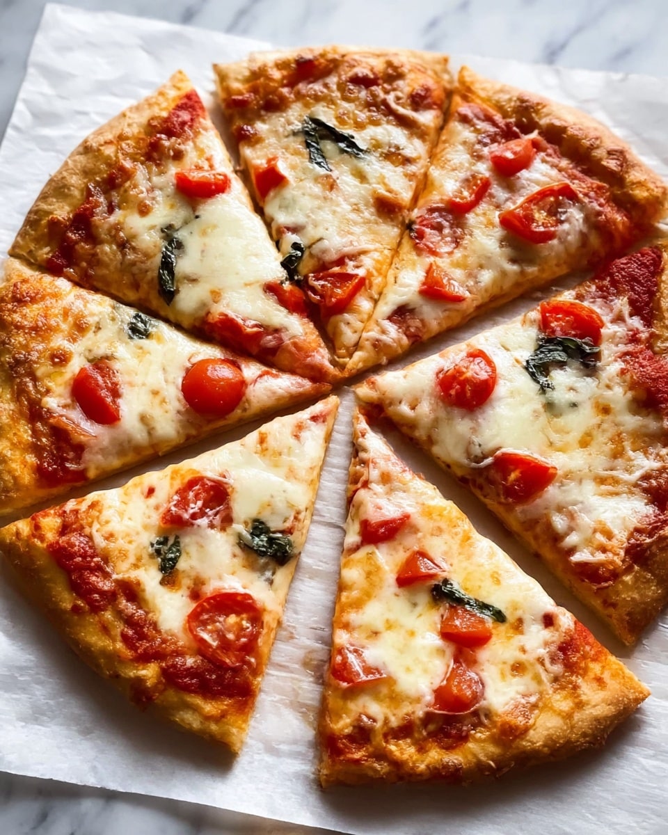 A round pizza cut into eight triangular slices is placed on white parchment paper on a white marbled surface. The base shows a golden brown crust that is slightly thick and fluffy with a slightly crisp edge. The first layer is a thin spread of bright red tomato sauce, topped by a melted layer of creamy white mozzarella cheese bubbling with golden spots. Scattered on top are small pieces of fresh tomato in bright red color and some dark green basil leaves, adding contrast and freshness. The pizza looks warm and inviting with the cheese slightly stringy and glossy. photo taken with an iphone --ar 4:5 --v 7