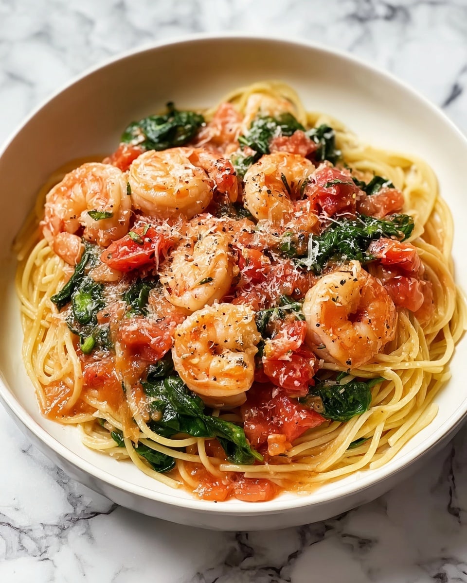 A white deep plate holds a dish with three visible layers. The bottom layer is light yellow spaghetti noodles, loosely tangled across the plate. The middle layer is fresh green spinach leaves, spread unevenly over the pasta. The top layer has cooked shrimp with an orange-pink color, mixed with bright red cherry tomatoes and chunks of softer red tomato sauce. The dish is topped with grated white cheese and sprinkled black pepper. The whole plate sits on a white marbled surface. photo taken with an iphone --ar 4:5 --v 7