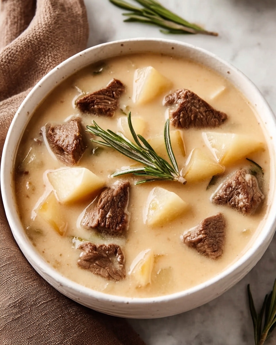 A white bowl filled with creamy light beige soup, containing large chunks of brown cooked beef and white potato pieces floating in the soup. On top, there are a few thin green sprigs of rosemary placed in the center for garnish. The bowl rests on a white marbled surface with a soft brown cloth partially visible to the side. The soup has a smooth and slightly thick texture. Photo taken with an iphone --ar 4:5 --v 7