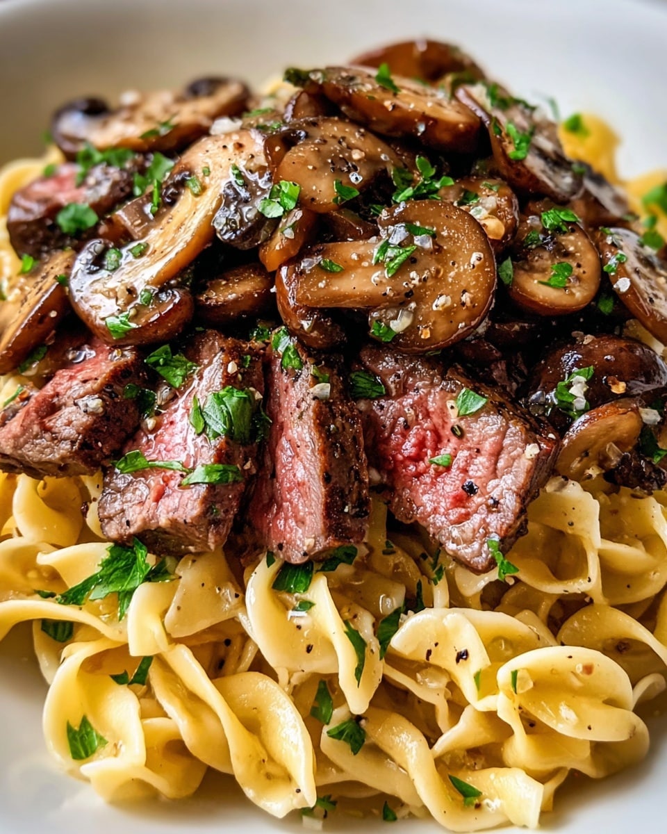 A close-up of a white plate showing a dish with three main layers: the bottom layer is twisted, flat egg noodles in a light golden color, coated lightly with sauce and sprinkled with small pieces of green parsley; the middle layer consists of medium-rare steak slices with a browned outside and a pink inside, placed on top of the noodles; the top layer contains sautéed, glossy brown mushroom slices with specks of black pepper and more chopped green parsley scattered on top, giving a fresh look. The whole dish has a shiny and slightly oily texture. photo taken with an iphone --ar 4:5 --v 7