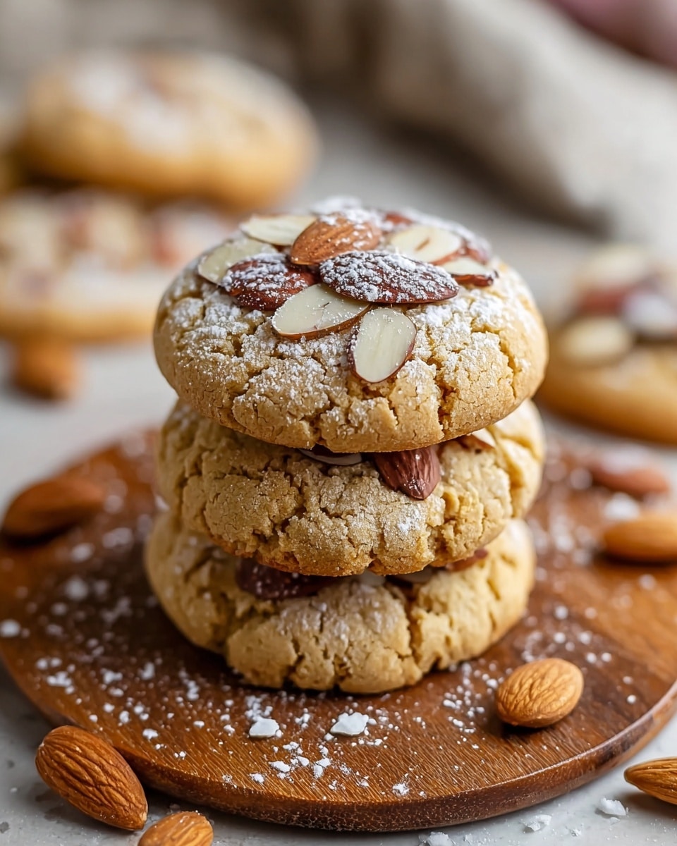 A stack of three round, golden brown cookies with cracked textures sits centered on a wooden board, each cookie topped with whole and sliced almonds that are lightly dusted with white powdered sugar. Around the stack, scattered almond pieces and whole almonds add detail, all set on a white marbled surface. In the blurred background, more cookies with similar almond toppings are visible, creating a cozy, inviting scene. photo taken with an iphone --ar 4:5 --v 7