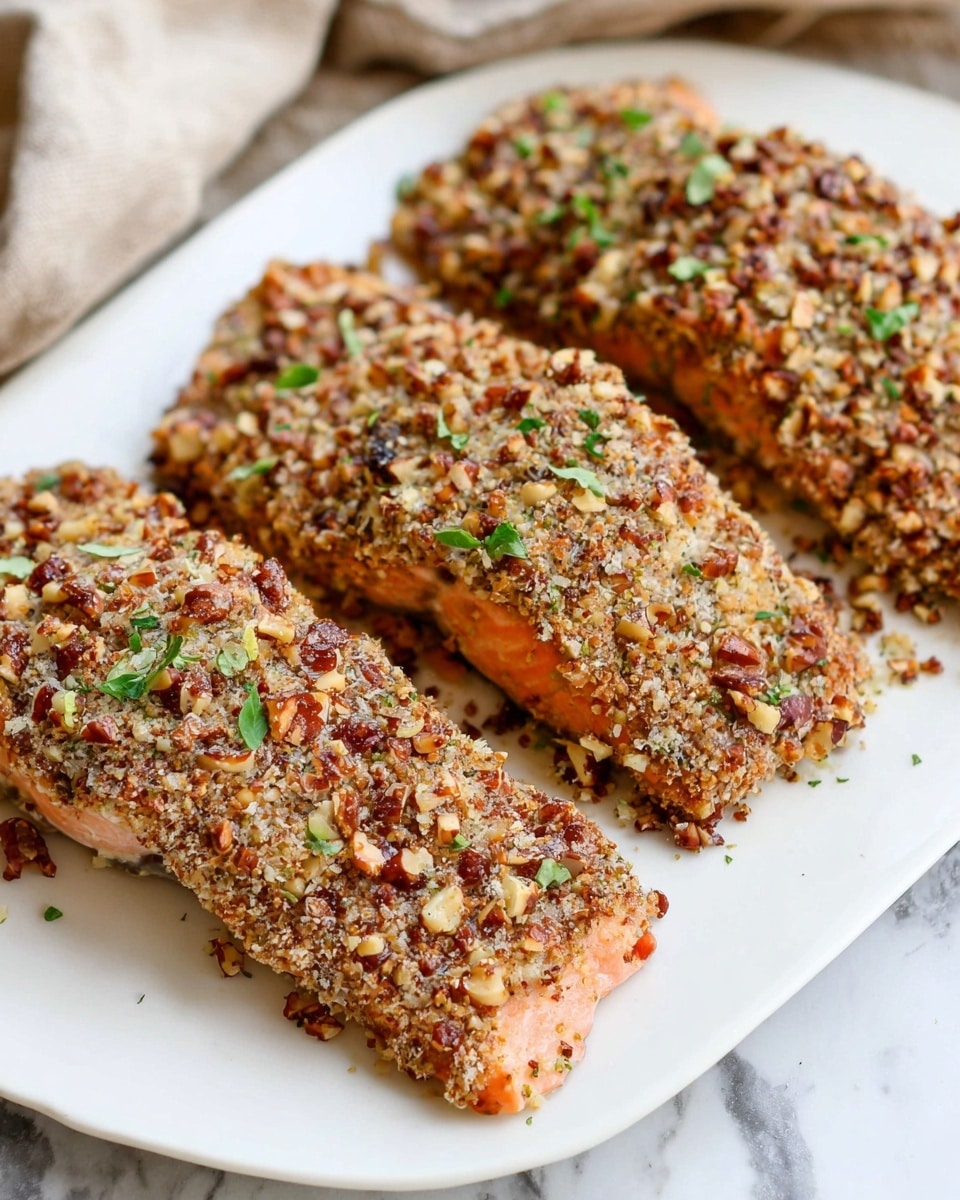 A white plate holds three fillets of salmon covered completely in a crunchy coating made of chopped nuts, giving the fish an uneven textured look with shades of light brown, tan, and reddish hues. Small green herb leaves are scattered on top of the nut crust in random spots, adding a touch of color. The fillets are placed side by side, showing a slight overlap between them, and the edges of the salmon beneath the nut layer peek through with a pinkish orange tone. The plate sits on a white marbled surface with a soft fabric visible in the background. Photo taken with an iphone --ar 4:5 --v 7