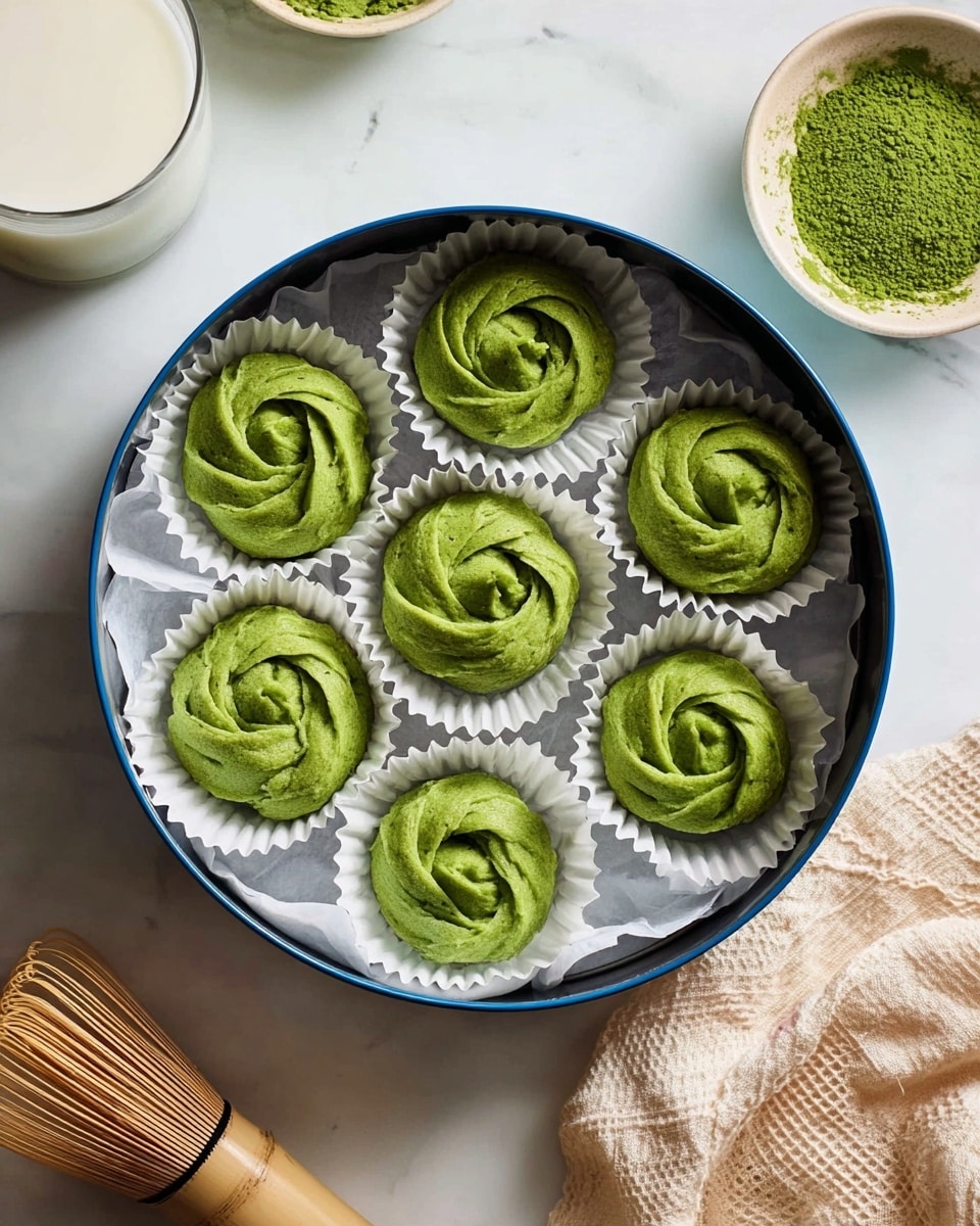 The image shows six green cookies arranged in a round blue tin box, each cookie placed inside a white paper cup. Each cookie has a thick, swirled texture resembling a rose shape with smooth, soft edges and a vibrant matcha green color. The cookies are evenly spaced inside the tin, which sits on a white marbled surface. Around the tin box, there is a glass cup of white milk on the left, a bowl of green matcha powder on the right, a beige cloth on the bottom right, and a bamboo tea whisk bottom left. photo taken with an iphone --ar 4:5 --v 7