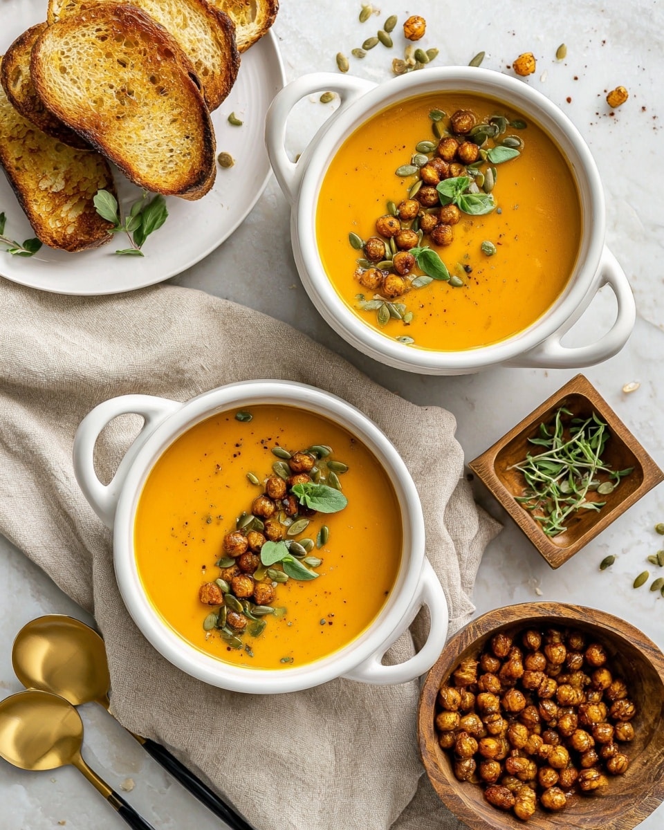 Two white bowls filled with smooth, orange creamy soup are placed side by side on a white marbled surface. Each bowl has two handles and is topped with a line of crispy roasted chickpeas, green pumpkin seeds, and small fresh green herb leaves running across the center of the soup. To the upper left, there is a white plate holding three slices of toasted bread with golden brown edges and a slightly charred texture. A small wooden square dish with fresh green herbs is placed nearby, partially on a light beige linen cloth, with two golden spoons featuring black handles resting beside it. On the right side, a wooden bowl filled with more roasted chickpeas sits on the surface with scattered seeds and herbs around it. photo taken with an iphone --ar 4:5 --v 7