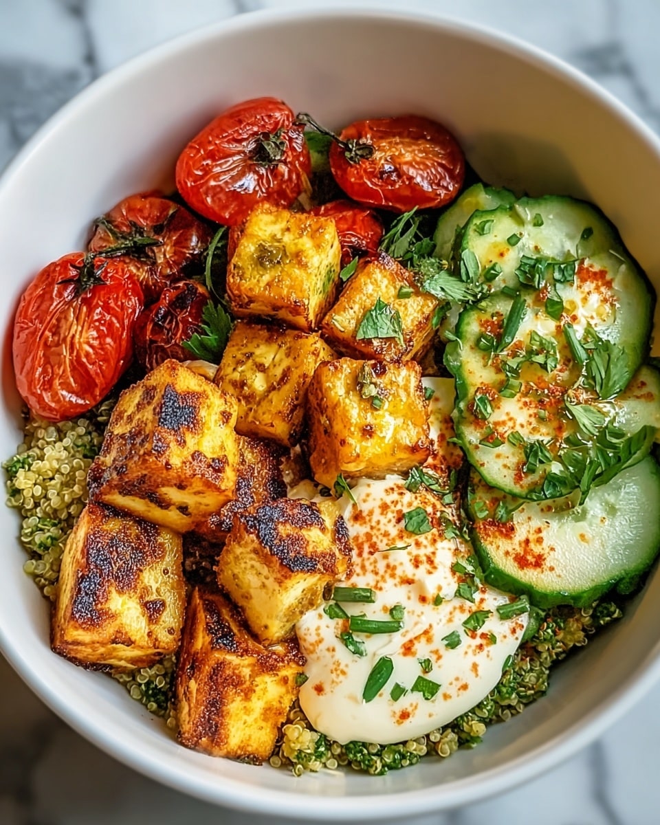 A white bowl filled with three main sections: the bottom layer is a green, textured mixture that looks like a grain or herb base; on top of this, there are golden-brown grilled cheese cubes with visible char marks scattered centrally. To the left, there are bright red roasted cherry tomatoes with some charred spots, giving a glossy and slightly wrinkled texture. On the right side, there are thin, fresh green cucumber slices partly covered with a dollop of creamy white sauce sprinkled with green herbs and reddish spices. Small green herb pieces are scattered over the dish, adding freshness. The bowl sits on a white marbled surface. photo taken with an iphone --ar 4:5 --v 7