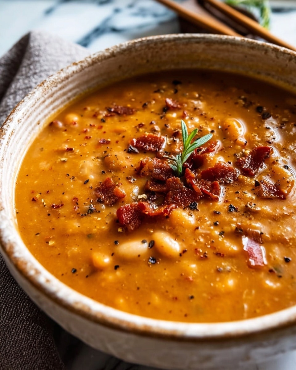 A close-up view of an orange-brown thick soup served in a white bowl with a textured rim. The soup has small white beans mixed throughout and is topped with crumbled reddish-brown bacon bits and a light sprinkling of black pepper. A small green herb, possibly rosemary, rests near the center of the soup. The bowl sits on a white marbled surface with a grey cloth and wooden chopsticks visible in the background. The light reflects gently on the soup surface, highlighting its smooth texture with some visible beans. Photo taken with an iphone --ar 4:5 --v 7