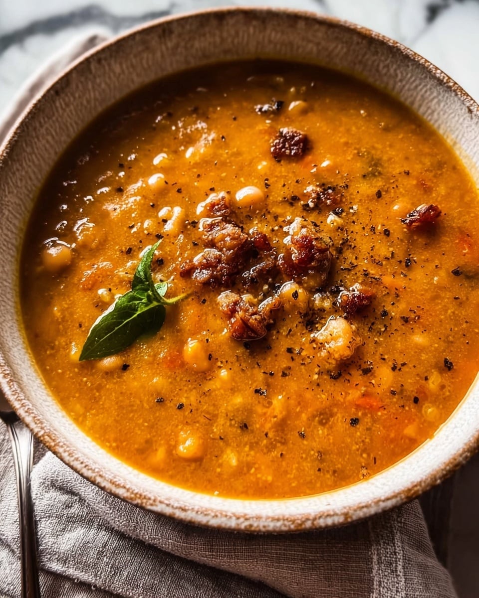 A close-up view of a thick orange-brown soup served in a white bowl with a rough textured rim. The soup has visible small beans and pieces of meat, sprinkled with crushed black pepper and small chunks of crispy brown bits on top. A small green herb leaf is placed near the center of the soup. The bowl sits on a white marbled surface with subtle grey veins, and part of a fabric with a soft grey color is visible nearby. Photo taken with an iphone --ar 4:5 --v 7