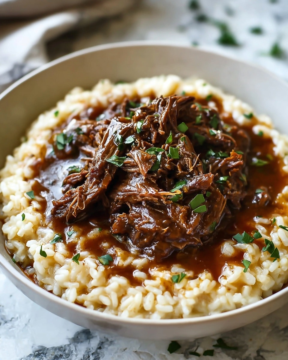 A shallow white bowl holds a dish with two clear layers. The bottom layer is a creamy, light beige risotto with a soft, slightly shiny texture, spread evenly around the edges of the bowl. The top layer is a rich, dark brown shredded meat stew with a thick gravy, placed in the center, topped with small green herb pieces scattered over the meat and around the edge of the risotto. The background is a white marbled texture. photo taken with an iphone --ar 4:5 --v 7