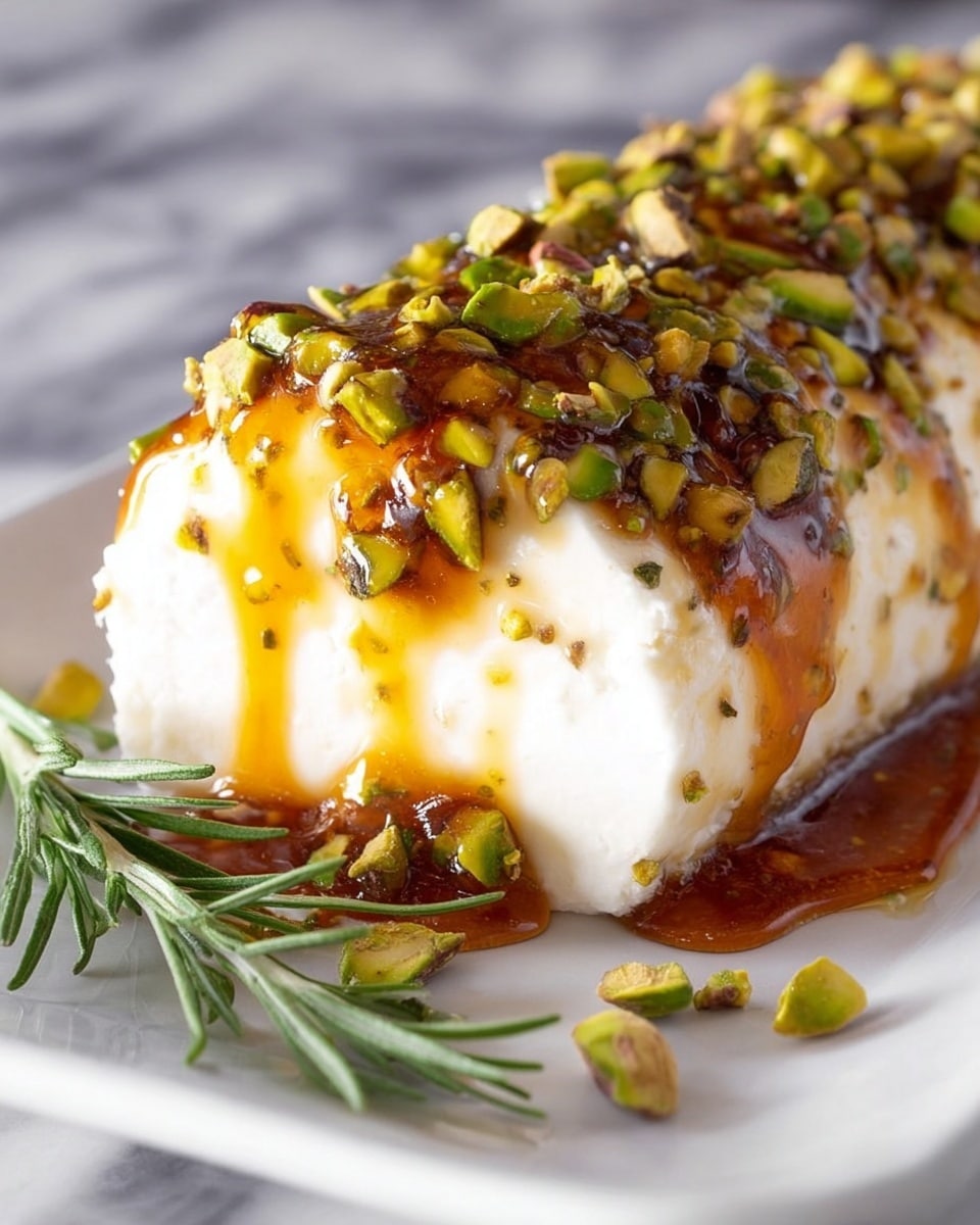 A close-up of a white creamy cheese log covered with a shiny amber-colored glaze dripping down the sides. The cheese log is rolled with bright green chopped pistachios clinging to the surface under the glaze. The log sits on a white plate with some loose pistachio pieces scattered around it. In the foreground, a sprig of fresh green rosemary lies on the white marbled surface. photo taken with an iphone --ar 4:5 --v 7