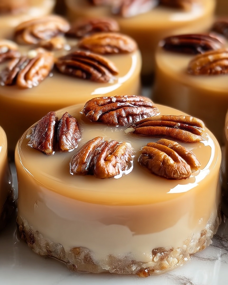 A close-up image of round, layered pecan pralines sitting on a white marbled surface. Each praline has three visible layers: the bottom layer is a light beige, crumbly base; the middle layer is a smooth, creamy caramel of a rich tan color; and the top layer is glossy caramel which holds several whole and small broken pecan halves sprinkled evenly. The glossy, slightly shiny caramel top contrasts with the rough textures of the pecans. The image is focused on one praline in the front while the others softly blur in the background, showing a warm, rich brown and cream color palette. Photo taken with an iphone --ar 4:5 --v 7