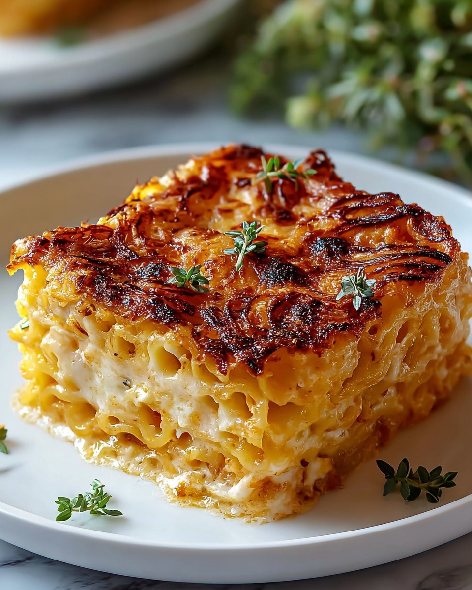 A square-shaped baked pasta dish sits on a white plate with a few small green herb leaves scattered around it. The pasta layers are distinct, with a creamy, cheesy texture in between, visible through the slightly golden, caramelized top layer that has a browned, crispy pattern. The top is decorated with small green herb sprigs, adding a fresh touch. The dish looks rich, moist, and slightly gooey from the cheese, with a textured crust on top. The setting includes a white marbled surface and some blurred greenery in the background. photo taken with an iphone --ar 4:5 --v 7