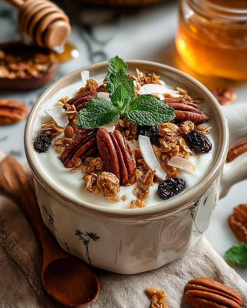 A close-up view of a white cup filled with creamy white yogurt topped with a layer of golden brown granola, scattered dark raisins, large reddish-brown pecan halves, and thin white coconut flakes, all garnished with a small, fresh green mint leaf in the center. The cup sits on a beige cloth with some whole pecans around it on a white marbled surface, and a wooden spoon rests nearby. A glass jar with honey and a honey dipper is blurred in the background. Photo taken with an iphone --ar 4:5 --v 7