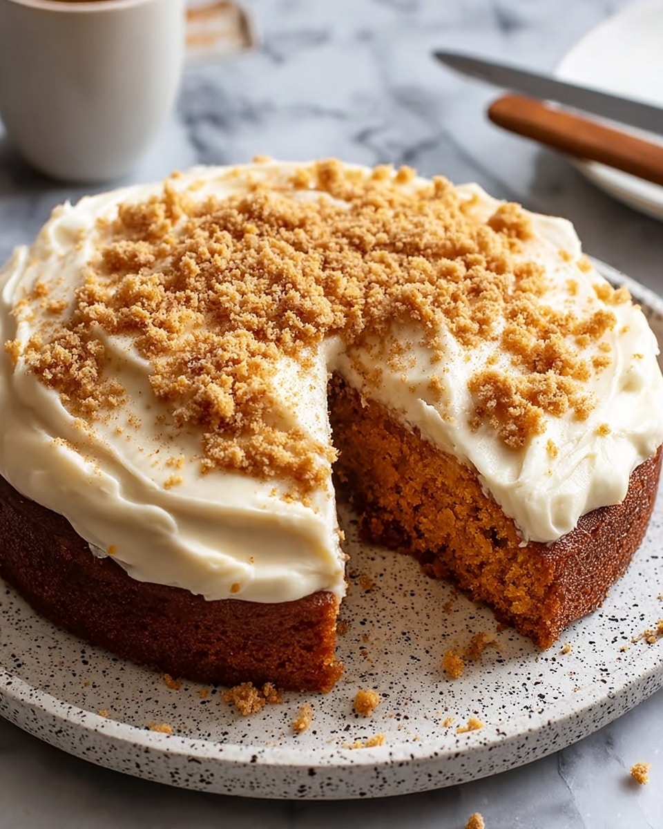 A single-layer round cake with a golden-brown, moist crumb base, topped with a thick, creamy white frosting that is spread unevenly, showing soft peaks and swirls, and sprinkled with light brown crumbly topping and a dusting of cinnamon powder on top, all placed on a white speckled plate set on a white marbled surface. One slice is missing, exposing the cake's soft texture inside. Photo taken with an iphone --ar 4:5 --v 7