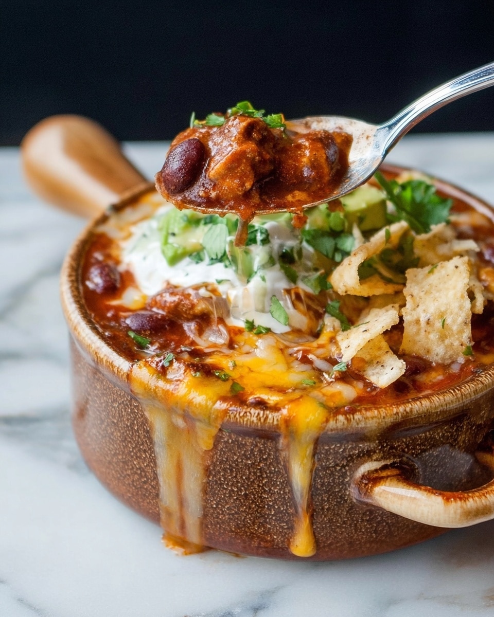 The dish shows a thick layer of melted golden-yellow cheese poured over a rich reddish-brown chili stew, containing dark brown beans and chunks of browned meat. On top of this, there is a layer of creamy white sour cream with bits of green cilantro and slices of light green avocado. Some crispy light beige tortilla chips are also visible, partially covered by the toppings. The chili is served in a rustic brown speckled ceramic bowl with a handle, with some sauce dripping down its side. A silver spoon scoops a portion from the bowl, lifting beans and meat covered with cheese and sauce. The background is a white marbled texture. photo taken with an iphone --ar 4:5 --v 7