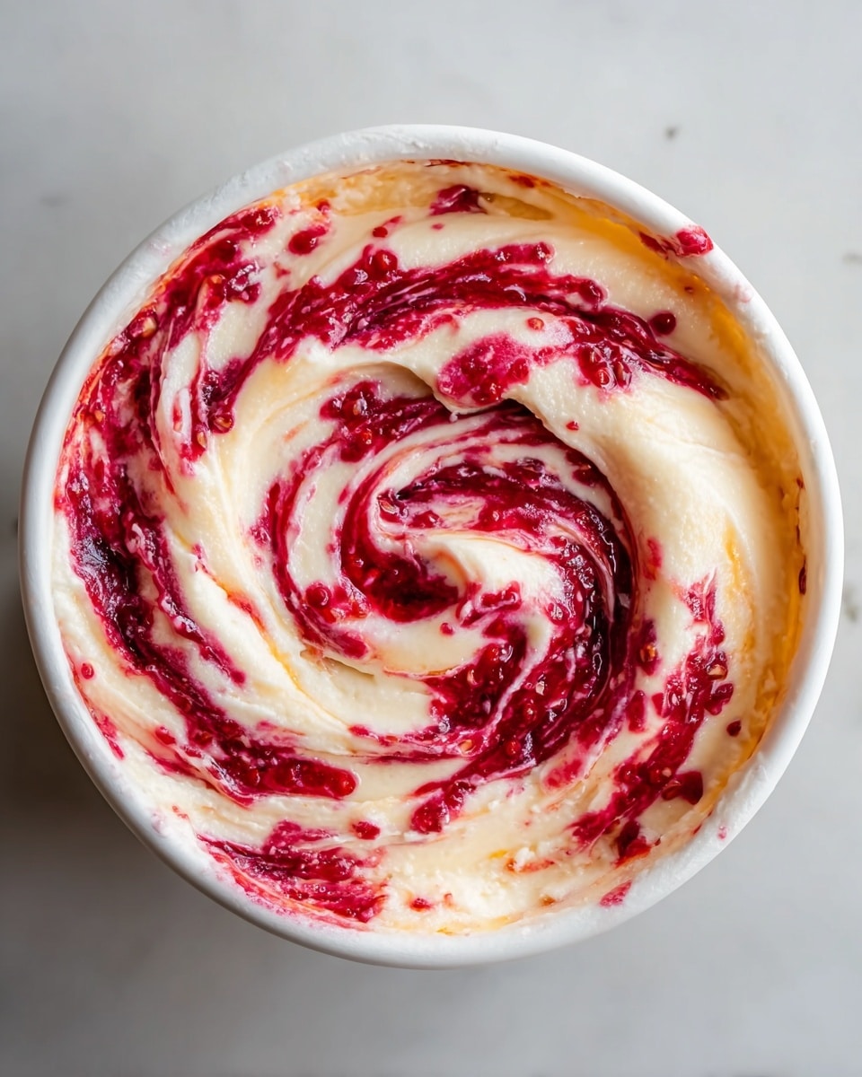 A white bowl filled with a creamy swirl dessert made of two main layers: a smooth, pale cream layer with a soft texture, and a vibrant raspberry red sauce swirled throughout in a spiral pattern from the center to the edges. The red sauce looks thick and slightly chunky with visible seeds, creating a contrast against the light cream. The swirls are well mixed but still distinct, giving a marbled effect on top. The bowl sits on a white marbled surface. Photo taken with an iphone --ar 4:5 --v 7