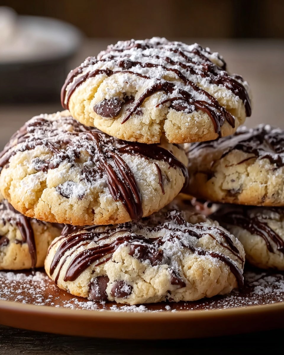 The image shows a stack of soft, round cookies with a light golden color and dark chocolate chips mixed throughout. Each cookie is drizzled with thick, shiny dark chocolate sauce in diagonal lines and dusted with a generous layer of white powdered sugar. The cookies appear crumbly and thick, layered closely together on a brown plate, creating a cozy and inviting look. The background is softly blurred to keep the focus on the cookies. photo taken with an iphone --ar 4:5 --v 7