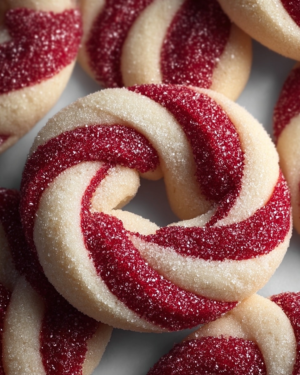 The image shows close-up twisted cookies with two main layers swirled together: one creamy white and the other deep red. Each cookie is ring-shaped with sugar crystals visible on the surface, giving a sparkling texture. The red and white parts alternate evenly in a smooth spiral pattern. The background is a white marbled texture, softly blurred to keep focus on the cookies. photo taken with an iphone --ar 4:5 --v 7