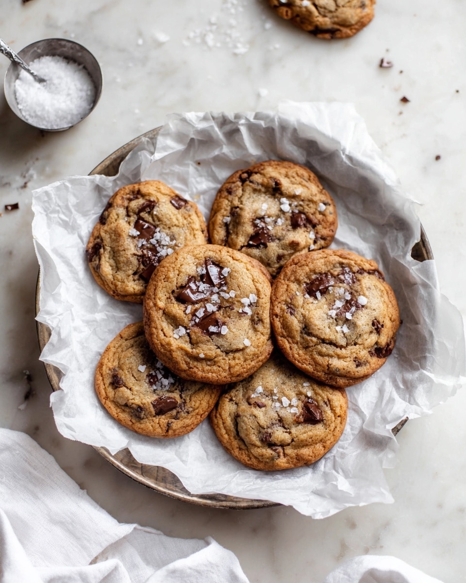 A white round tray lined with crumpled white parchment paper holds six soft, golden-brown chocolate chip cookies scattered with small flakes of sea salt on top; the cookies have a slightly uneven texture with visible melted chocolate chips, and the scene is set on a white marbled surface with a small metal cup filled with coarse salt nearby and a white cloth partially visible at the bottom left; photo taken with an iphone --ar 4:5 --v 7