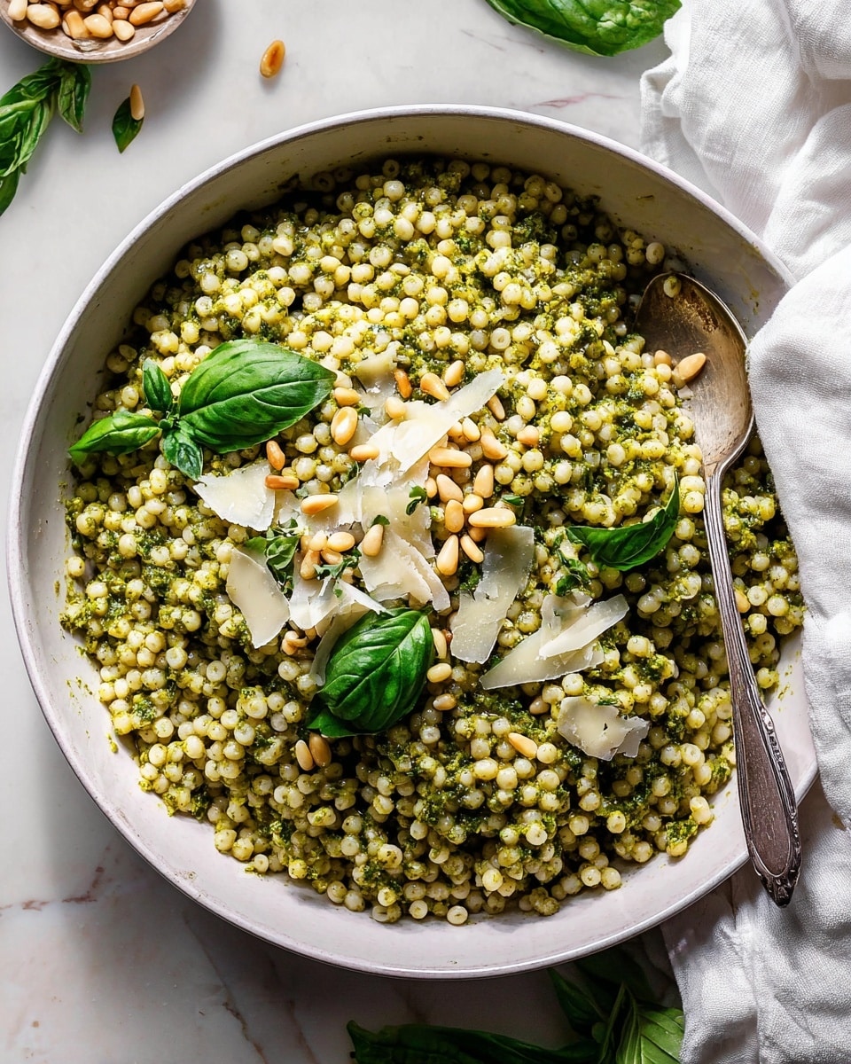 A large white bowl filled with small round pasta coated in a green pesto sauce, creating a textured, slightly glossy layer. On top, there are sprinkled pale beige pine nuts and uneven chunks and shavings of light yellow cheese, adding color contrast. Bright green fresh basil leaves are scattered over the dish, enhancing the freshness. A silver spoon is partly buried on the right side, ready to serve. The bowl sits on a white marbled surface with a few basil leaves and some grated cheese around it, adding natural detail. Photo taken with an iphone --ar 4:5 --v 7