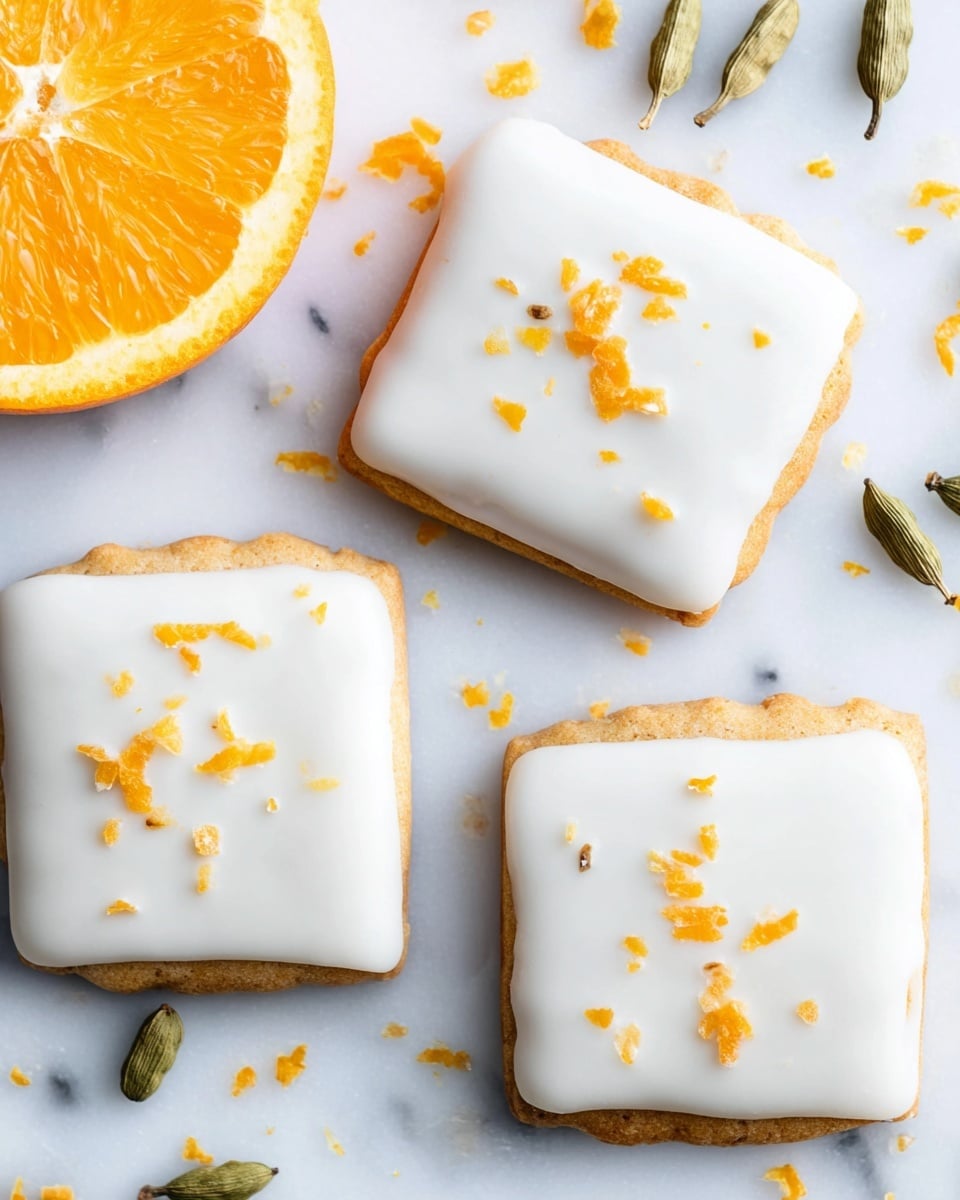 Three square cookies are placed on a white marbled surface with a thin layer of smooth, white icing covering the top of each cookie. Each cookie has small bright orange zest pieces sprinkled over the icing, adding a pop of color. The edges of the cookies are slightly scalloped, revealing a golden-brown baked base beneath the icing. To the left, there is a halved orange with vivid, juicy orange segments visible. Scattered around the cookies and orange are whole cardamom pods and some loose orange zest pieces. The scene is bright and clean, highlighting the contrast between the white icing, golden cookies, and orange decor. photo taken with an iphone --ar 4:5 --v 7
