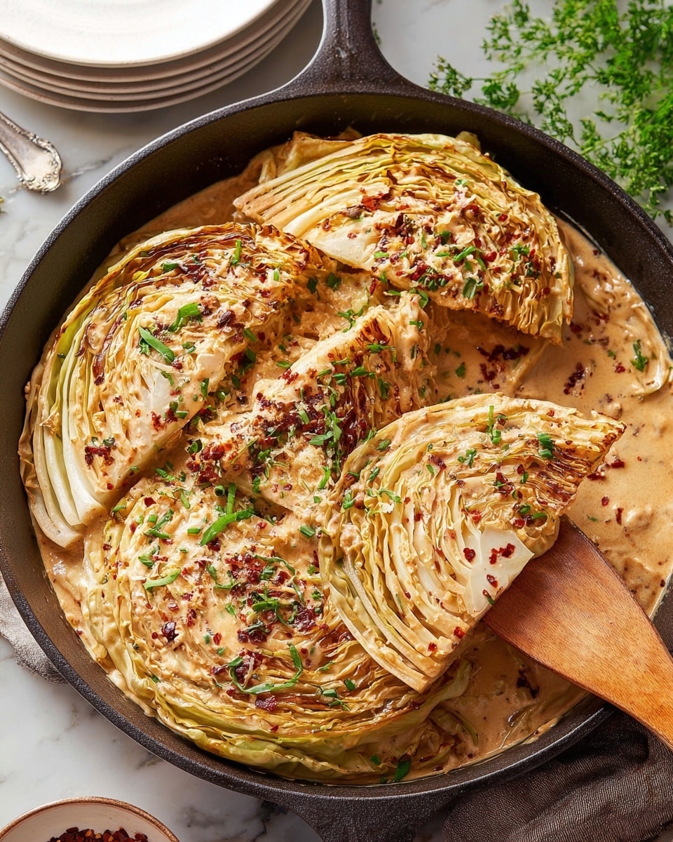 A cast iron pan holds four large wedges of cabbage cooked in a creamy, light brown sauce with visible red pepper flakes and sprinkled with grated cheese and chopped green herbs. The cabbage layers are pale yellow inside with browned edges and a slightly charred texture on the outer leaves. A wooden spatula lifts one wedge, showing layered textures and sauce dripping lightly. The pan sits on a white marbled surface, surrounded by white plates and some greenery partly visible at the top left. Photo taken with an iphone --ar 4:5 --v 7