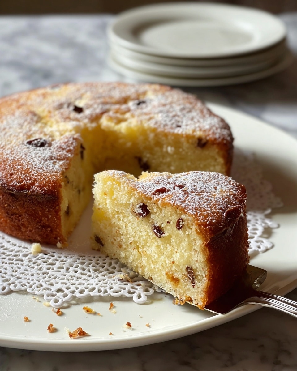 A round cake with one slice cut out sits on a white plate with a delicate lace-like pattern around the center; the cake is golden brown on the outside with a moist, light yellow interior dotted with small dark spots like raisins or chocolate chips. The cake slice is placed on a silver cake server, showing a slightly crumbly texture with a light dusting of white powdered sugar over the top. In the blurred background, there are two stacked white plates on a white marbled surface, and the overall lighting is soft and natural. photo taken with an iphone --ar 4:5 --v 7