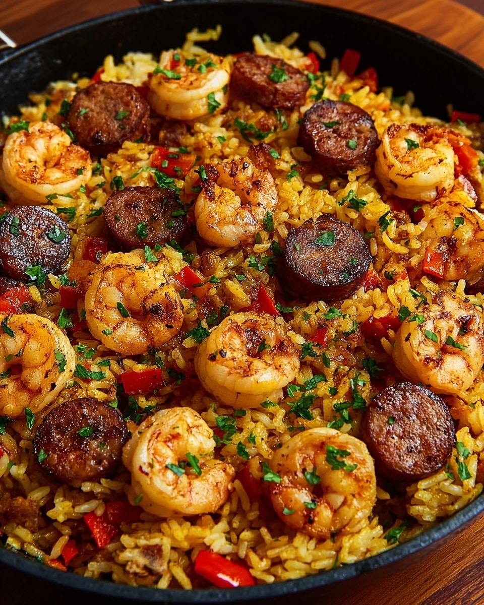 This dish is a close-up view of a skillet filled with a mix of cooked yellow rice, shrimp, and sausage slices. The rice is fluffy with small red bell pepper pieces scattered throughout. Large shrimp are golden with grill marks and placed evenly on top, showing some curling. Dark brown sausage slices are spread among the shrimp and rice. The dish is sprinkled with finely chopped green herbs for color contrast. The skillet is black and sitting on a wooden surface, showing a warm and hearty meal. photo taken with an iphone --ar 4:5 --v 7