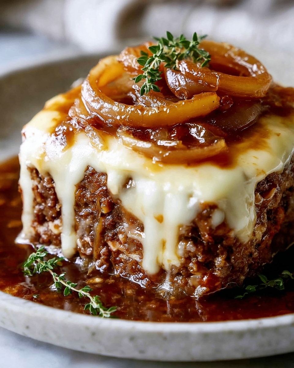A close-up of a square, thick layered dish on a white plate with a white marbled texture background, showing two main layers: the bottom layer is a rich, browned ground meat with a slightly coarse texture, and the top layer is creamy melted cheese that stretches down the sides in gooey strands. Sitting on the cheese are several caramelized onion rings that are golden brown and glossy, with a small sprig of green herb placed on top for garnish. The dish rests in a shallow pool of dark brown sauce around the base, adding a moist shine to the presentation. Photo taken with an iphone --ar 4:5 --v 7