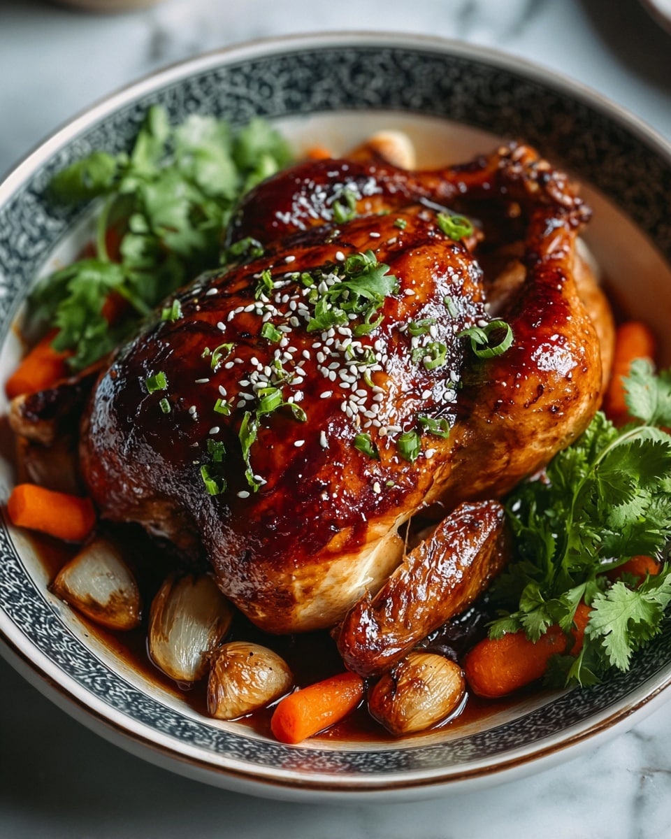 A whole roasted chicken with shiny, deep brown, glazed skin sits at the center of a white bowl with a dark patterned inside. The chicken is garnished with fresh green herbs and small white sesame seeds scattered on top. Surrounding the chicken are small, bright orange carrots and whole garlic cloves with a pale creamy color. Pops of green herbs are fresh and crisp, placed around and on top of the dish, adding a lively color contrast. The bowl is placed on a white marbled surface. photo taken with an iphone --ar 4:5 --v 7