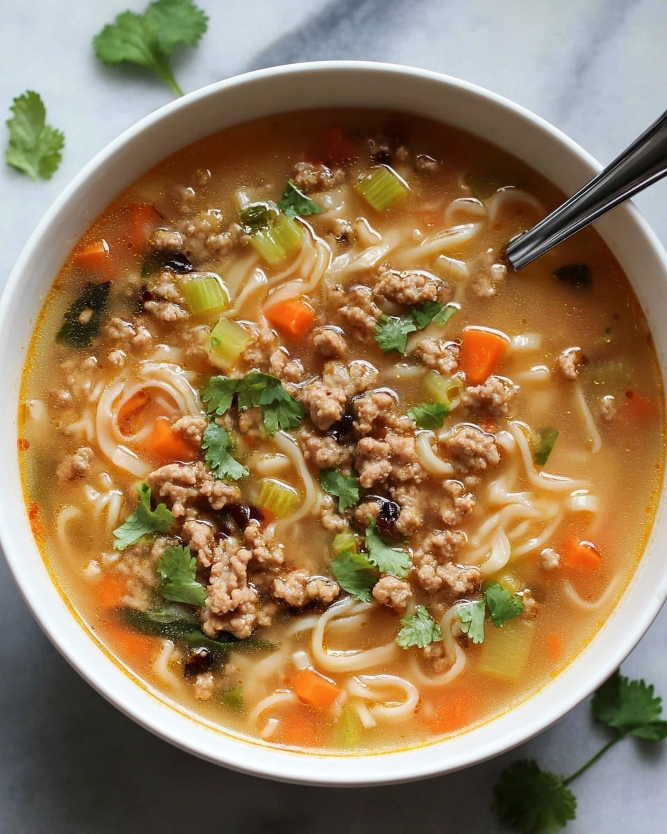 A white bowl filled with a warm soup showing about three layers: a clear light orange broth at the base, small soft noodles and diced vegetables like bright orange carrots and light green celery floating in the middle, topped with crumbled cooked ground meat in beige tones and fresh green cilantro leaves scattered on top; a silver spoon rests inside the bowl, and the bowl sits on a white marbled surface with a few green herb leaves around. photo taken with an iphone --ar 4:5 --v 7