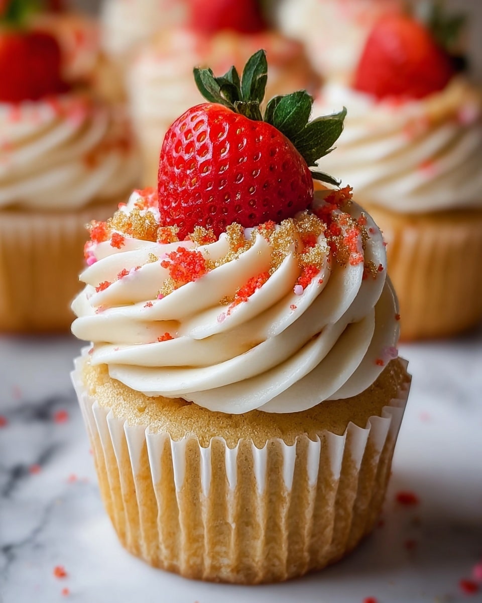 A close-up of a single cupcake shows three main layers: the base is a light golden cupcake with a soft crumb texture, topped with a swirl of creamy white frosting. The frosting is thick and smooth, piped in a circular pattern that creates ridges and folds. On top of the frosting, there are golden and red crumb sprinkles scattered lightly, adding a grainy texture. Finally, a fresh, bright red strawberry half with its green leaves sits upright in the center of the frosting, adding a vibrant color contrast. The cupcake is set against a white marbled surface with blurred cupcakes in the background. photo taken with an iphone --ar 4:5 --v 7