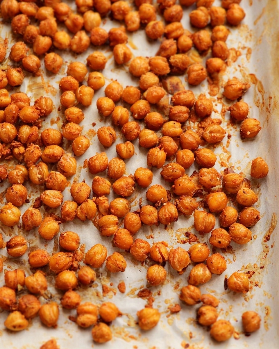 The image shows a single layer of roasted chickpeas spread out evenly on a baking tray lined with slightly browned parchment paper. The chickpeas are golden to deep orange-brown in color with a crispy, rough texture and small cracks visible on the surface. The background beneath the tray is a white marbled texture. Photo taken with an iphone --ar 4:5 --v 7