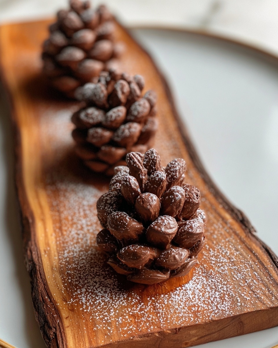 The image shows four small chocolate pine cone-shaped desserts placed in a line on a wooden board with natural grain patterns. Each pine cone has layers of oval, shiny chocolate pieces that look like pine cone scales, and a light dusting of powdered sugar is sprinkled on top and around them. The wooden board sits on a white plate with a smooth rim, all set on a white marbled textured surface. The focus is sharp on the closest pine cone and gradually blurs on the ones further away. photo taken with an iphone --ar 4:5 --v 7