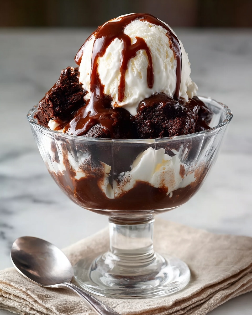 A clear glass dessert bowl holds a layered dessert starting with a base of smooth, dark chocolate sauce. Above this is a layer of white vanilla ice cream mixed with some chocolate sauce swirls. On top, there are chunks of rich, dark brown brownie, adding a rough texture. The dessert is finished with a large scoop of white vanilla ice cream at the top, drizzled with glossy dark brown chocolate syrup that flows down onto the brownie pieces. The bowl sits on a folded beige cloth with a silver spoon next to it, all placed on a white marbled surface. photo taken with an iphone --ar 4:5 --v 7