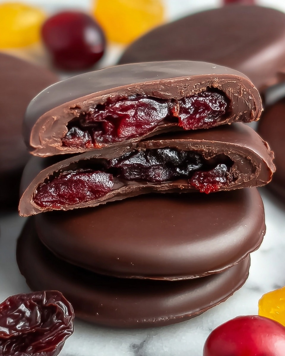 The image shows a close-up of round chocolate-covered treats stacked on a white marbled surface. The top treat is cut in half, revealing two layers: a glossy dark brown chocolate outer shell and a filling made of several dark red dried fruit pieces inside, which have a shiny, slightly wrinkled texture. The chocolate surface is smooth with subtle ridges on the edges. In the background, more whole chocolate discs and blurred round fruits in red, yellow, and dark purple colors add to the composition. Photo taken with an iphone --ar 4:5 --v 7