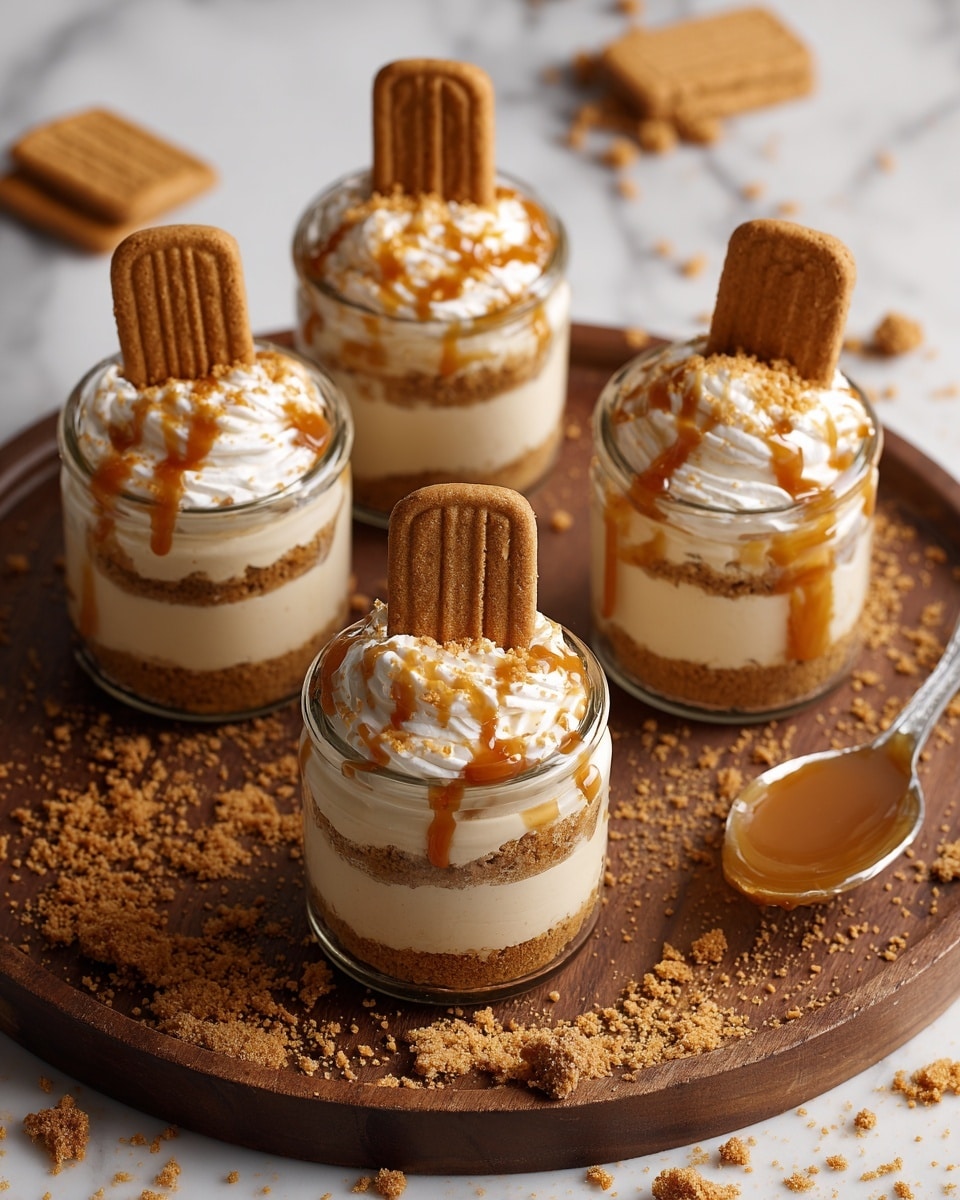 There are five small clear glass jars each with three visible layers: the bottom layer is a crumbly light brown biscuit base, the middle layer is a creamy light beige mousse, and the top layer is white whipped cream with small crumbs of biscuit on it. Each jar is topped with a vertical rectangular biscuit and a drizzle of shiny caramel sauce over the whipped cream. The jars are arranged on a round wooden board placed on a white marbled surface, with biscuit crumbs and a spoon full of caramel sauce scattered around. photo taken with an iphone --ar 4:5 --v 7