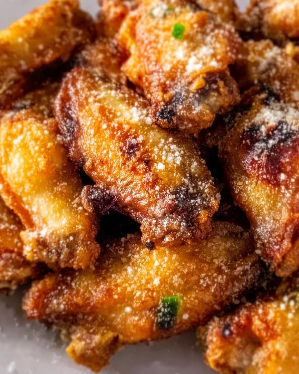 A close-up view of crispy golden-brown chicken wings piled together, each wing showing a crunchy textured coating with a slight oily shine. Some pieces have darker charred spots, adding to the crispy look. Light sprinkling of fine white powder, possibly seasoning or cheese, covers the wings unevenly and small bits of green garnish are visible on some wings. The background is a white marbled texture. photo taken with an iphone --ar 4:5 --v 7