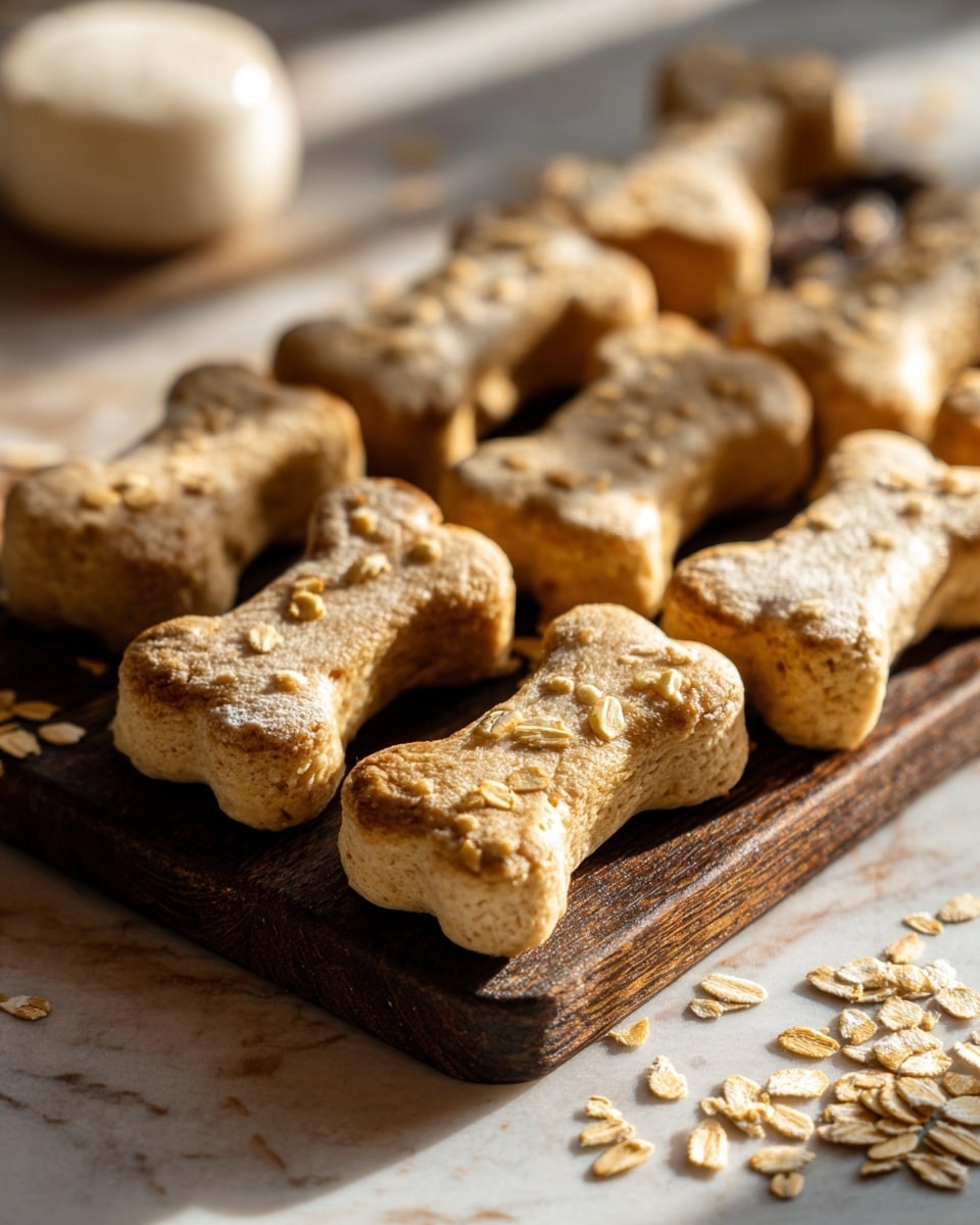 The image shows multiple golden-brown, bone-shaped dog biscuits placed close together on a dark wooden board. Each biscuit has a slightly rough texture with small, visible oats or grain flakes on the surface, giving them a natural, homemade look. The biscuits appear thick and firm, with some slight browning on the edges and tops. Scattered oat flakes surround the board on a white marbled surface, with a blurred round white object in the background. Warm sunlight highlights the biscuits, emphasizing their crisp texture. photo taken with an iphone --ar 4:5 --v 7
