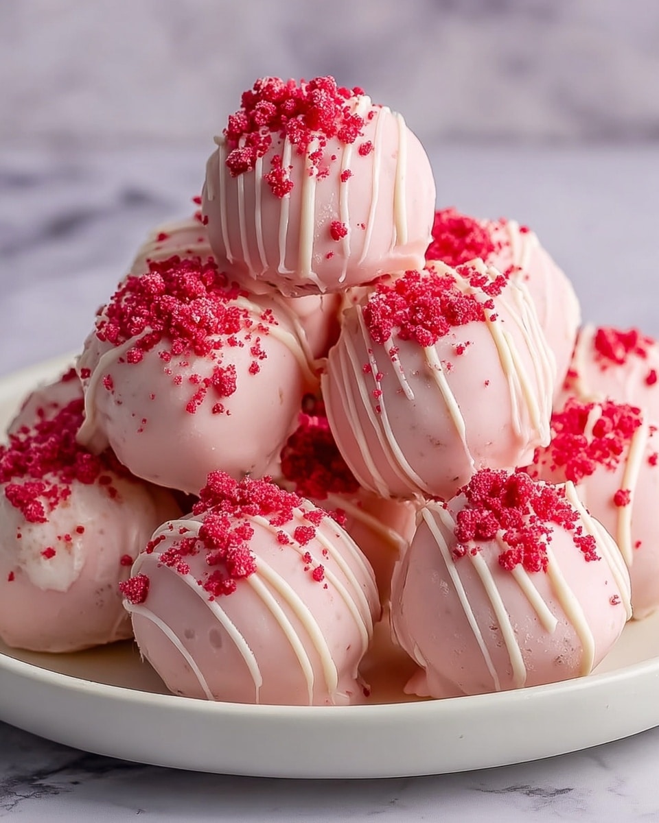 The image shows a pile of round dessert balls on a white plate, placed on a white marbled surface. Each ball is covered in smooth, light pink coating with white drizzle lines running across them. On top of each ball, there are small clusters of bright red crumb-like sprinkles adding a rough texture contrast. The dessert balls are stacked in a pyramid shape, with several layers visible, showing the balls closely packed together. The photo taken with an iphone --ar 4:5 --v 7