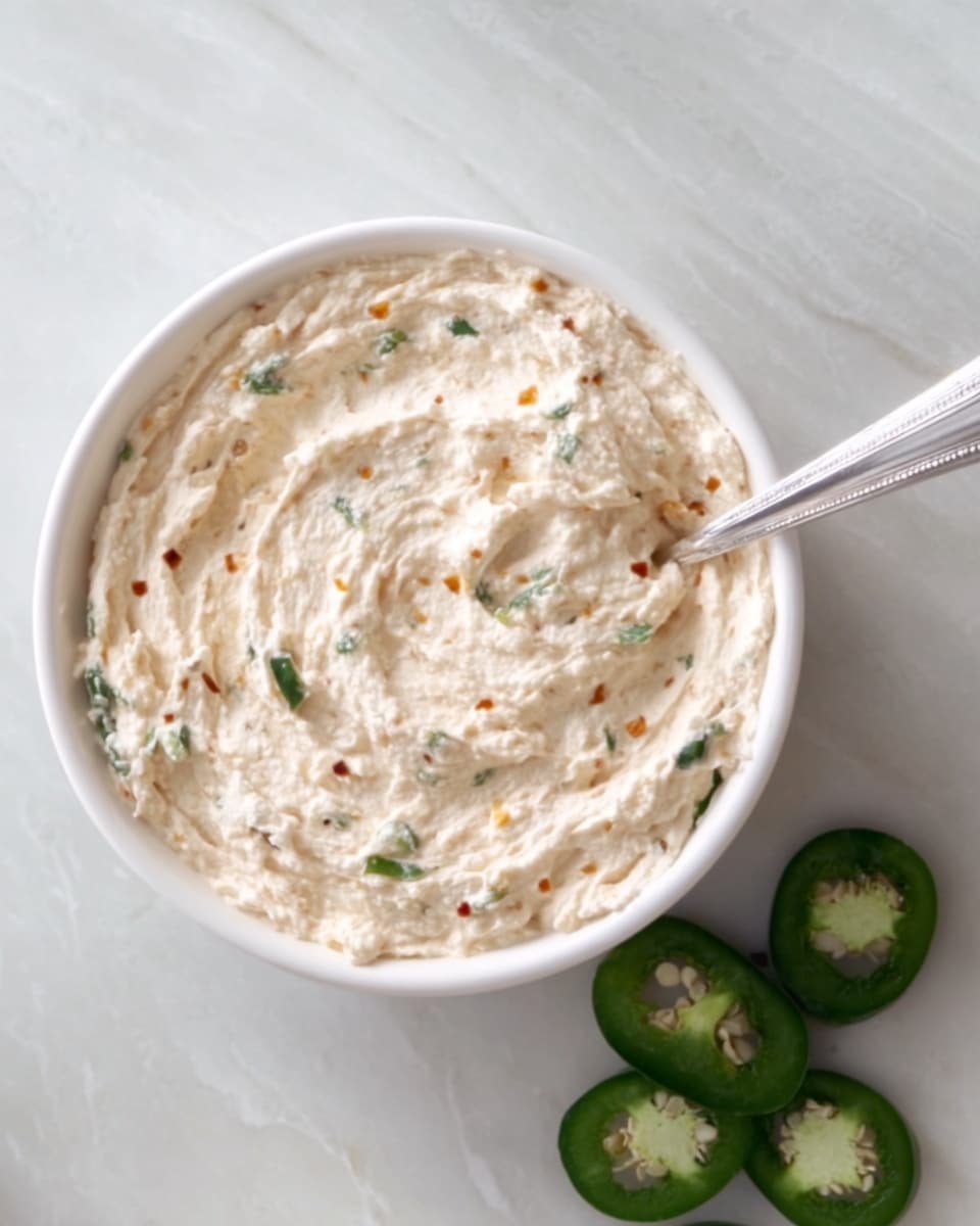 A white bowl filled with a creamy, light beige spread that has a textured surface with small swirls. Mixed within the spread are small green pieces and tiny reddish bits, giving a fresh and slightly spicy look. A spoon is partially dipped into the mixture on the right side of the bowl. The bowl is set on a white marbled texture, with slices of green jalapeño placed near the bottom right edge. photo taken with an iphone --ar 4:5 --v 7