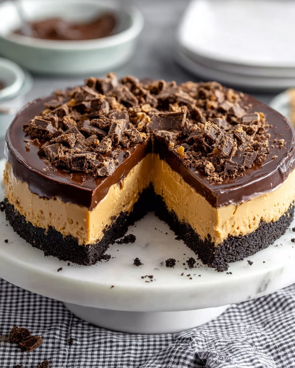 A round layered dessert with three clear layers is shown on a white marbled cake stand placed on a checkered cloth. The bottom layer is dark, crumbly, and looks like crushed cookies. The middle layer is thick and smooth with a light caramel color, creamy and firm in texture. The top layer is glossy dark chocolate, shiny and smooth, with chunks of crumbly dark chocolate scattered unevenly across the surface. One large slice is missing, revealing all the layers clearly. Photo taken with an iphone --ar 4:5 --v 7