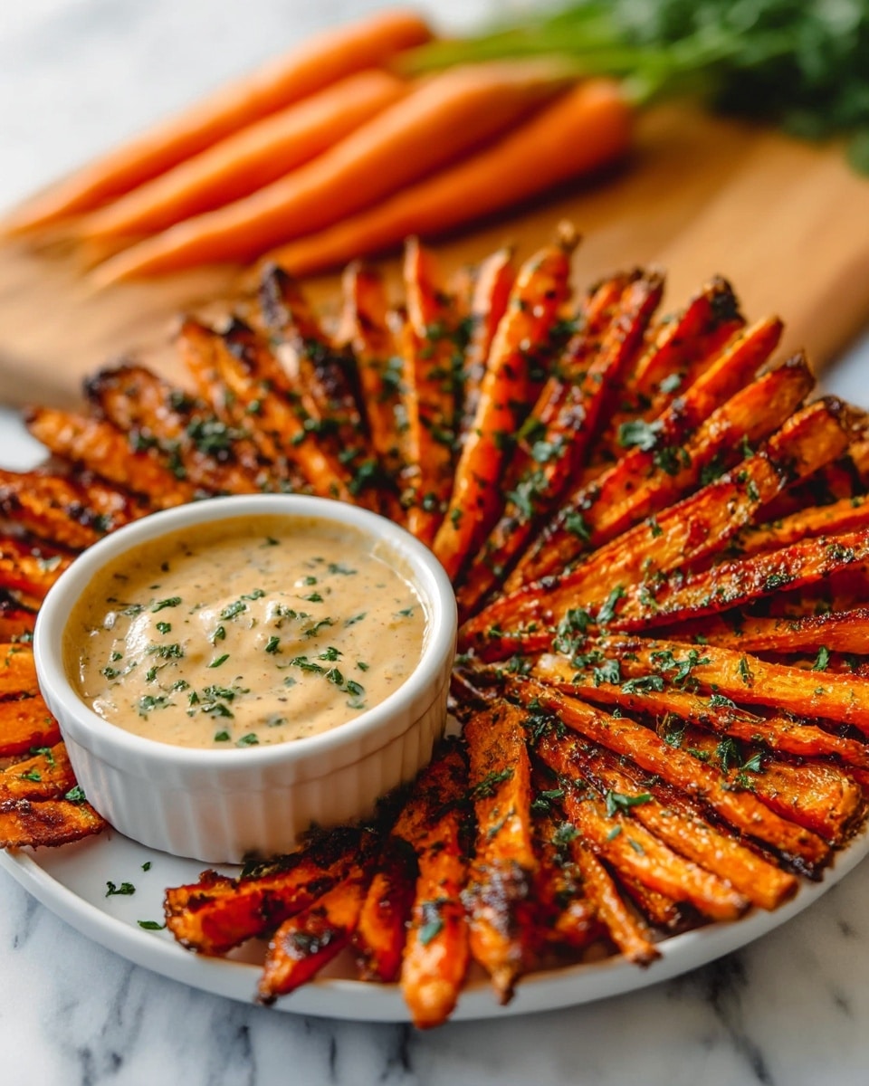 The image shows a round white plate filled with two thick layers of roasted carrot sticks arranged like a sunburst, each stick having a bright orange color with charred edges and bits of green herbs sprinkled on top. In the center of the plate is a small white bowl filled with a creamy, beige-colored dipping sauce with a smooth texture and some visible herbs mixed in. The plate is placed on a white marbled surface with some fresh, whole carrots blurred in the background. photo taken with an iphone --ar 4:5 --v 7