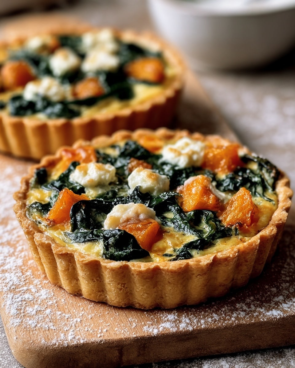 Two small savory tarts sit on a wooden board sprinkled lightly with flour. Each tart has a golden brown crust with scalloped edges holding several layers inside. The bottom layer is a creamy, light yellow filling topped with dark green cooked spinach leaves spread unevenly. Scattered on top are bright orange roasted pumpkin chunks and small dollops of white creamy cheese with light brown spots from baking. The tarts look warm and fresh with a slightly rustic texture. The background is softly blurred, showing a white bowl and another tart. photo taken with an iphone --ar 4:5 --v 7