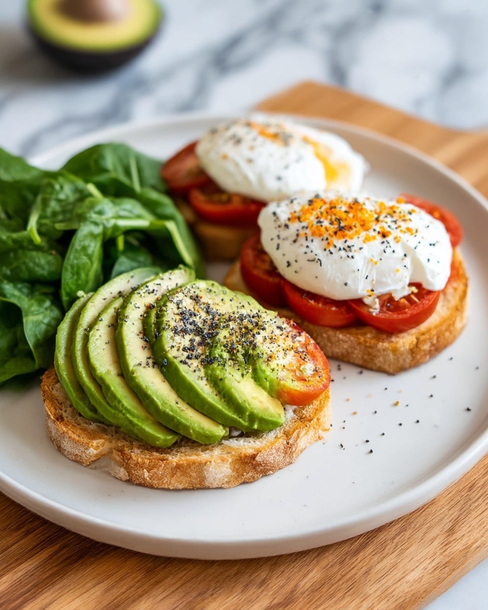 The image shows two slices of toasted bread as the base layer, each topped with thinly sliced green avocado arranged in a fan shape. On top of the avocado, there are slices of red tomato, and two white poached eggs sit on top of the tomatoes, sprinkled with black and orange seasoning. To the side of the toast, there is a small pile of fresh green leafy spinach. The plate is white and round, set on a wooden board, with a blurred white marbled background. photo taken with an iphone --ar 4:5 --v 7
